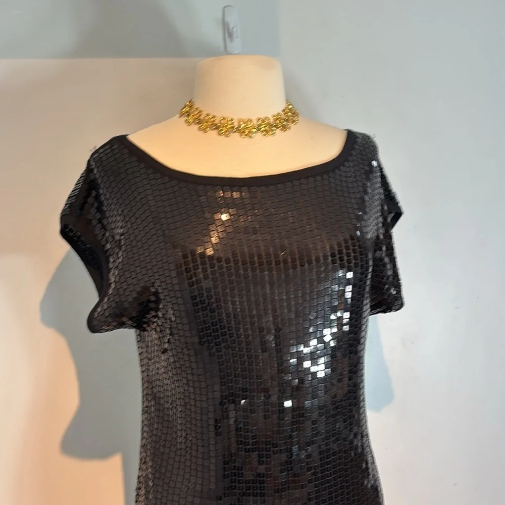 BEBE Black Sequin shift Dress short sleeves size medium - Picture 2 of 12